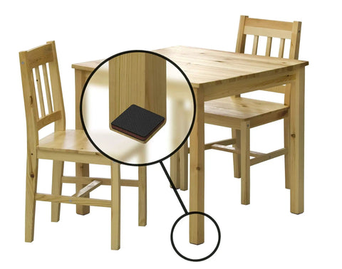 Dining table and chairs with magnified view of Non Slip GorillaPads 2 Inch Square Furniture Pads Grippers Set Of 8 Black Leg Floor Protectors.
