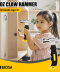 Child using an 8oz claw hammer with rubber handle to fix a cabinet. Suitable for children aged 8 and above. BOSI brand.
