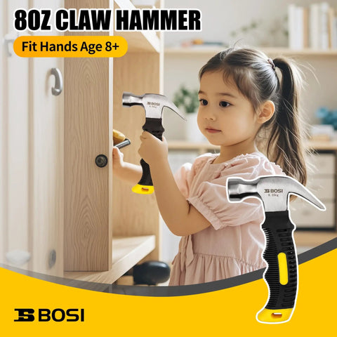 Child using an 8oz claw hammer with rubber handle to fix a cabinet. Suitable for children aged 8 and above. BOSI brand.