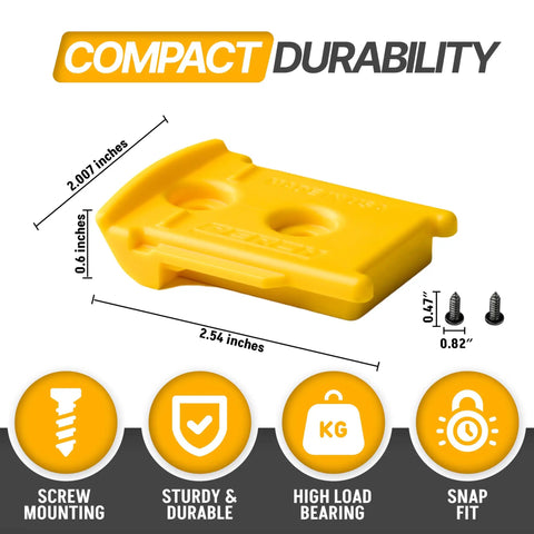 Yellow component of 9 Pack Tool Holder Wall Mount For DeWalt 20V And 60V Cordless Tools Snap Fit Drill Hanger shown with dimensions