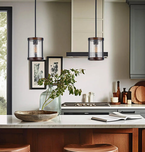 9 Inch Rustic Farmhouse Pendant Light With Crackle Glass Shade And Walnut Wood Finish Hand Painted Metal Frame Black Hardware Delivers Warm Cozy Vibe For Kitchen Island Dining Room