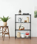 Heavy Duty 4 Tier Wire Shelving Unit Black Storage Rack For Garage Pantry Closet And Office Adjustable 1 Inch Increments Beefy Steel Wire Shelves Ideal For Home Organization And Display Built To Last with various items displayed.