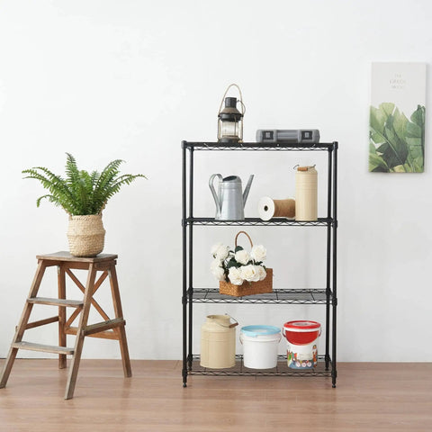 Heavy Duty 4 Tier Wire Shelving Unit Black Storage Rack For Garage Pantry Closet And Office Adjustable 1 Inch Increments Beefy Steel Wire Shelves Ideal For Home Organization And Display Built To Last with various items displayed.
