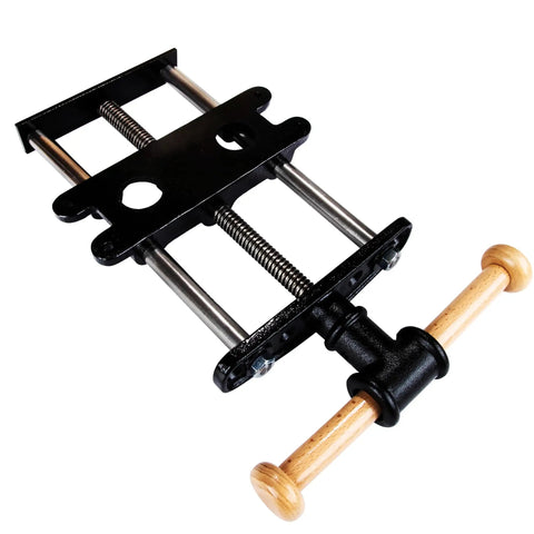 Nine Inch Quick Release Workbench Front Vise With Heavy Duty Cast Iron Body, showcasing heavy-duty construction and wooden handle.