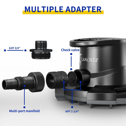 Close-up of Automatic Pool Cover Pump Half Horsepower 2250 GPH Submersible Sump Pump With Check Valve And Three Adapters
