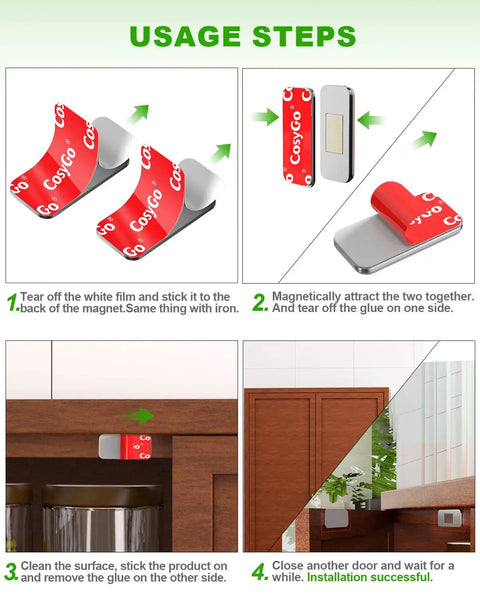 Installation steps for Ultra Strong Magnetic Cabinet Door Catch Set No Drill Invisible Ultra Thin Magnets with adhesive
