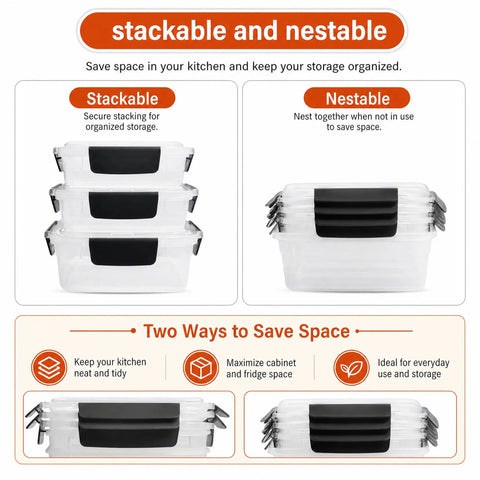 Five Cup Plastic Food Storage Containers With Lids Nestable For Freezer And Dishwasher Safe Rectangular Meal Prep Box Set 5 Pack BPA Free Thick Plastic Ideal For Quick Meal Prep, showing stackable and nestable features.