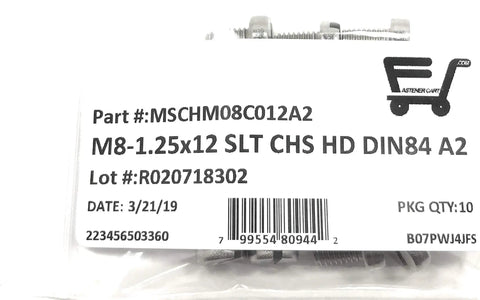 M8 X 12 Stainless Steel Slotted Cheese Head Machine Screws Featuring Knockout Din84 Specs A2 70 Grade in sealed packaging.
