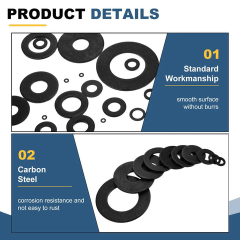 Heavy Duty Carbon Steel Flat Washers, 20 Piece Pack, M10 showing smooth black oxide finish, ideal for bolts and machinery repairs.