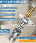 Built To Last Pop Up Bathroom Sink Stopper With Removable Strainer Filter Hair Catcher Solid Brass Drain Assembly No Sweat Replacement For Home Vanities Two Pack parts diagram with metal pressure switch, silicone rings, and filter.