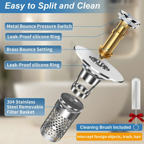 Built To Last Pop Up Bathroom Sink Stopper With Removable Strainer Filter Hair Catcher Solid Brass Drain Assembly No Sweat Replacement For Home Vanities Two Pack parts diagram with metal pressure switch, silicone rings, and filter.