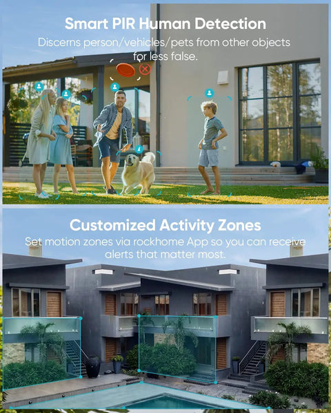 Battery Powered Outdoor Security Camera With Spotlight 1080p HD focuses on family and dog with smart PIR and activity zones.