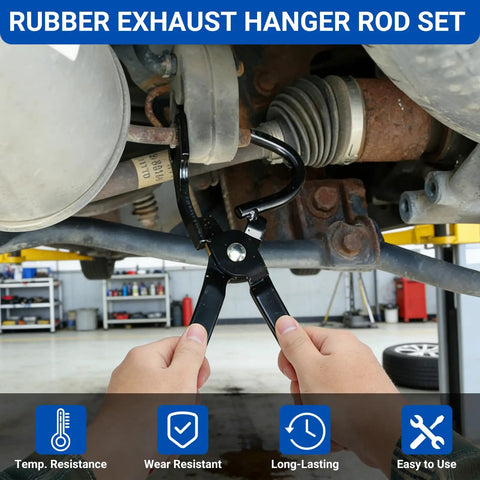 Hands using Heavy Duty Exhaust Hanger Kit With Removal Tool For Cars Trucks And SUVs 17 Piece Universal Rubber Muffler Hanger