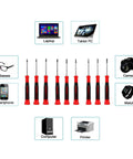 Nine Piece Precision Screwdriver Set With Magnetic Tips And Swivel End Cap, Ergonomic Grip, shown with electronic devices and glasses