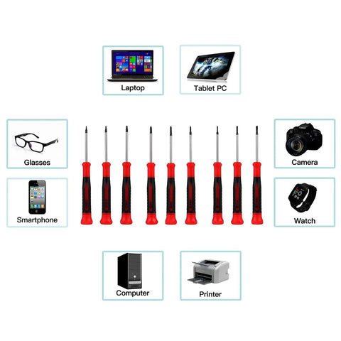 Nine Piece Precision Screwdriver Set With Magnetic Tips And Swivel End Cap, Ergonomic Grip, shown with electronic devices and glasses