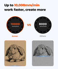 ACMER S1 laser engraver, front view infographic: 10,000 vs 8,000 mm/min with two rabbit engravings on brown and gray cards.