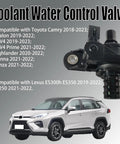 Straight Shooter Coolant Water Control Valve Assembly Compatible With Toyota Camry RAV4 Highlander Sienna And Lexus Engine Cooling System Heavy Duty Direct Fit, showing valve detail with car in background.