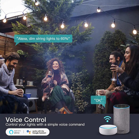 Friends using 2 In 1 Outdoor Smart Dimmer Plug With Dual Outlets For Outdoor String Lights, 600W Total, 300W Per Outlet, Alexa compatible