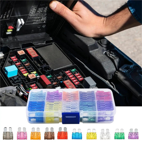 Must Have Auto Fuse Kit With 200 Pcs of 10 Types Blade Type Fuses shown with fuse puller for car maintenance
