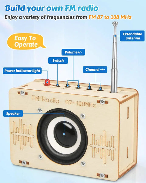 Hands On FM Radio Kit for Kids and Teens STEM Electronic DIY Experiment with wooden FM radio and labeled parts