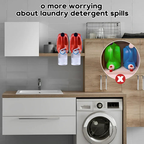 Laundry room with 2 Pack Laundry Detergent Dispenser Cup Holder With Nozzle Button Upgrade No More Messy Drips And Runny Detergent Easy One Hand Use Cup Holder And Drip Tray For Better Laundry Room Organization And Storage installed above washer.
