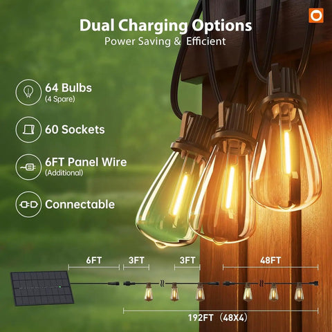 Close-up of hanging LED bulbs showcasing features of 198 Feet Of Solar String Lights Outdoor Waterproof With Remote Dimmable And Timer Shatterproof Hanging Lights.