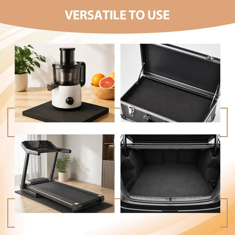 Top Shelf Closed Cell Neoprene Foam Sheets With Adhesive Backing For Kick Butt Shock Absorption And Waterproof Indoor Outdoor Insulation In Classic Black 59x12x1/16 Inch used under a juicer, toolbox, treadmill, and car trunk.