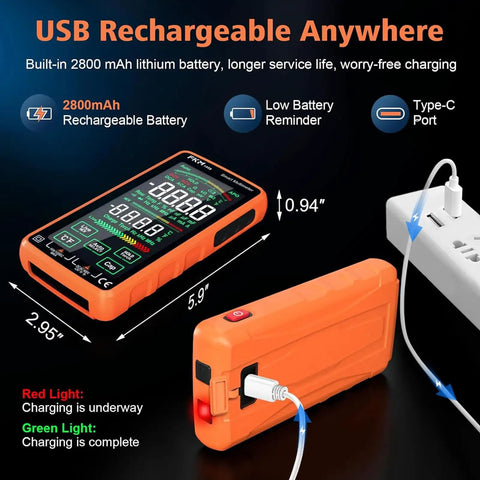 Compact Digital Multimeter Tester With 5 Inch Touch Screen Auto Ranging TRMS 6000 Counts Rechargeable Voltmeter Measures DC And AC Voltage Current Resistance And Temperature High Accuracy Pro Grade Electrical Tester For DIY And Pros showing USB charging connection