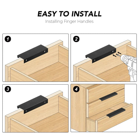 Installation guide for 6 Pack Finger Edge Pulls For Cabinets 80mm Length Matte Black Concealed Cabinet Handles, showing easy mounting steps.