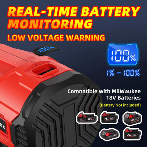 Pro Grade Cordless Paint Sprayer With Four Solid Copper Nozzles And A Bright Digital Display To Crush Any Home Reno Job Quick On 18v Tool Batteries Sold As Tool Only showing battery indicator and compatibility with Milwaukee 18V batteries.