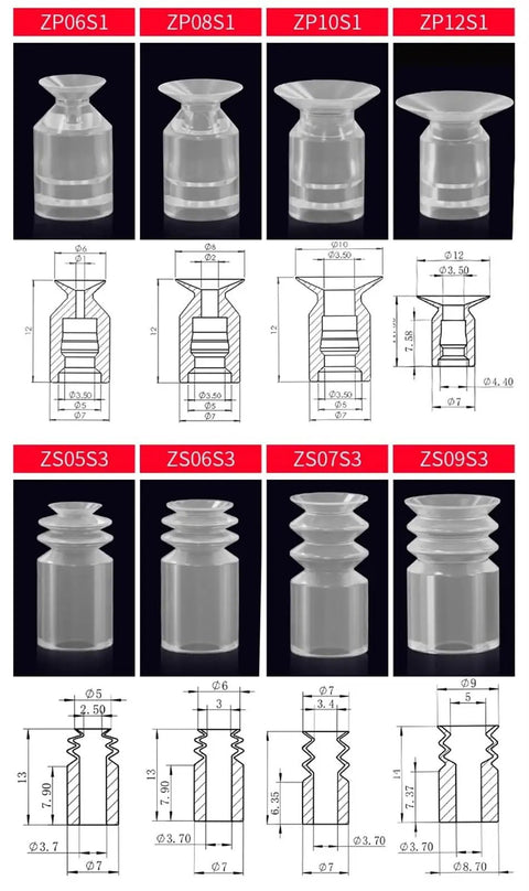Grab these Mini Vacuum Suction Cup Chuck Manipulator Accessories with Industrial Rubber Sucker Pads, clear rubber cups with detailed sizes.