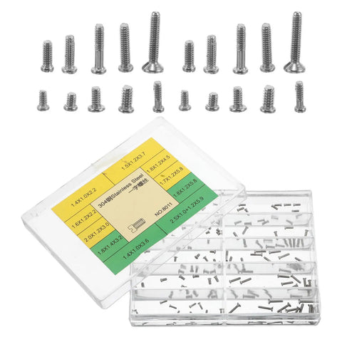 Built Like A Tank Stainless Steel Watch Screws Packed With Assorted Micro Replacement Fasteners For Bracelets And Case Backs, displayed in a clear box.
