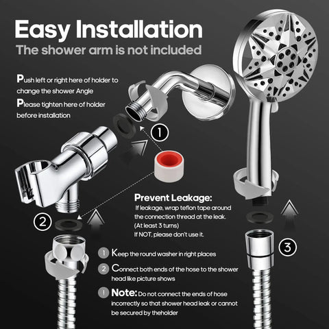 Diagram showing easy installation of high pressure handheld shower head with 10 modes and extra long 80 inch stainless steel hose