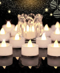 24 Pack Battery Operated Tea Lights With Timer For Home Decor, Built-In Six Hour Run Time, flickering LED candles glowing in dark