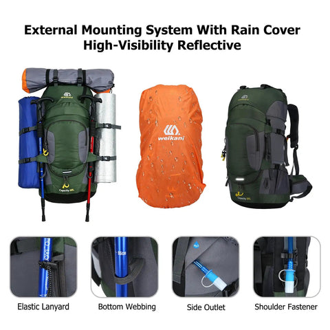 60L Waterproof Hiking Backpack With Rain Cover Heavy Duty Nylon Daypack Rucksack For Camping And Travel