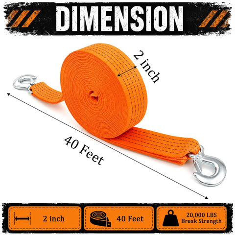 Heavy Duty Tow Strap With Hooks For Truck Car ATV Motorcycle Recovery 2 Inch By 40 Foot 20,000 Pound Break Strength Durable Recovery Strap For Safe Vehicle Tows, orange 2-inch 40-foot strap with hooks