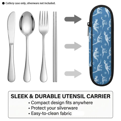 Blue Dinosaur Themed Portable Utensil Kit With Zipper Pouch Reusable Storage Case For Desert Camping Ultra Lightweight And Compact Lunchbox Friendly Easy Clean Aluminum Lining Durable Travel Lunch Kit