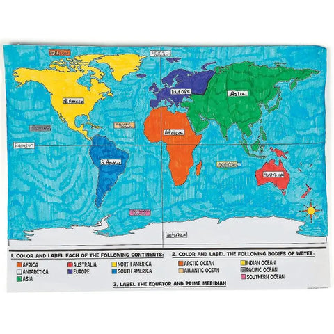 Colored world map on poster from World Map Coloring Poster Set For Kids, 30 Large 22x17 Inch Giant Wall Maps, Educational Geography Activity.