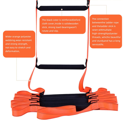 Emergency Fire Escape Rope Ladder for Home Windows and Balconies, showing orange webbing and black reinforced rungs