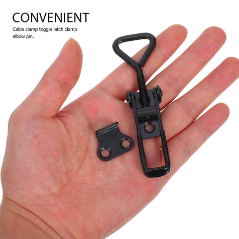 Heavy Duty Adjustable Toggle Latch Clamp With Quick Release Metal Pull Latch in black, shown on an open hand for size reference.