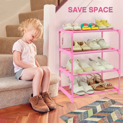 Pink 4 Tier Free Standing Shoe Rack For 6 To 8 Pairs Lightweight Stackable Organizer next to child on stairs
