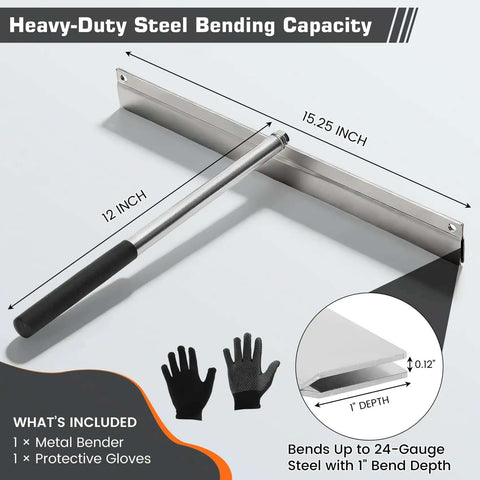 Heavy Duty 15.25 Inch Sheet Metal Folding Hemming Tool Handheld Bender For Standing Seam Roofing Panels And HVAC Duct Work With Handy Sight Holes Folds Up To 24 Gauge Steel And One Inch Depth, with handle and included gloves