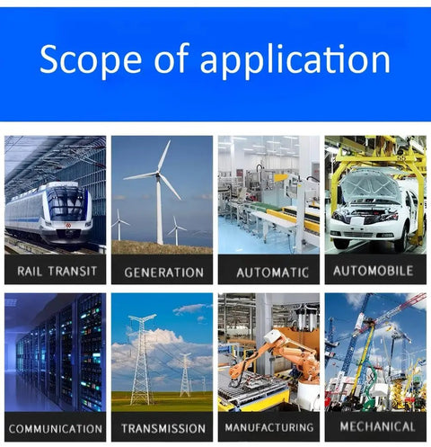 Applications for Rugged M12 4-Pin A-Coded Male Connector in various industries: rail transit, generation, automatic, automobile, communication