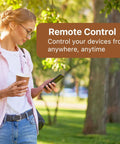 Woman using phone outdoors to control ZigBee Smart Plug 4 Pack with Real Time Energy Monitoring and 15A Outlets, ZigBee Repeater