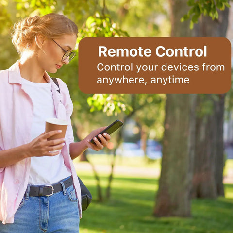 Woman using phone outdoors to control ZigBee Smart Plug 4 Pack with Real Time Energy Monitoring and 15A Outlets, ZigBee Repeater