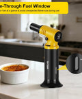 Slick Butane Torch With Clear Fuel Gauge And Adjustable Flame For Dead Simple One Hand Kitchen Cooking And Sick Flames Backyard Grilling Creme Brulee Finish Plus Craft Soldering Gear on kitchen counter.
