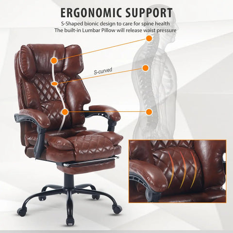 Big Tall Reclining Executive Office Chair With Footrest, ergonomic lumbar support, brown leather, 400 pound capacity