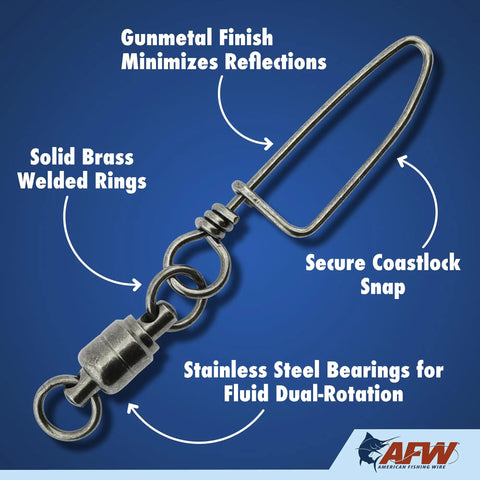 Ball Bearing Snap Swivels For Fishing With Lightweight Smooth Rotation And Double Welded Ring Reducing Line Twist In Saltwater And Freshwater Gear Size 3 60lb 4 Pack Gunmetal Black, close-up