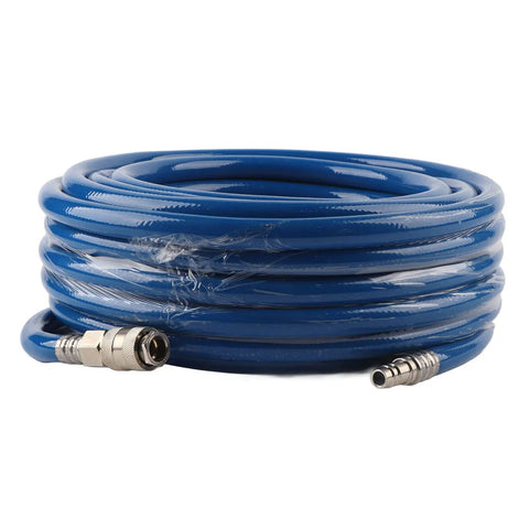 Kickass 15 Meter 50 Foot Blue Flexible Pneumatic PVC Air Compressor Hose Quick Coupler For High Pressure On Pneumatic Tools Triple Layer Build Resists Wear And Tear Perfect For Tough Jobs And Diy Gigs Inside The Garage Today coiled with metal ends