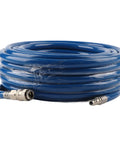 Badass Fifty Foot PVC Air Compressor Hose With One Quarter Inch MNPT Quick Connector Kink Resistant Airline Tubing coiled with connectors visible.